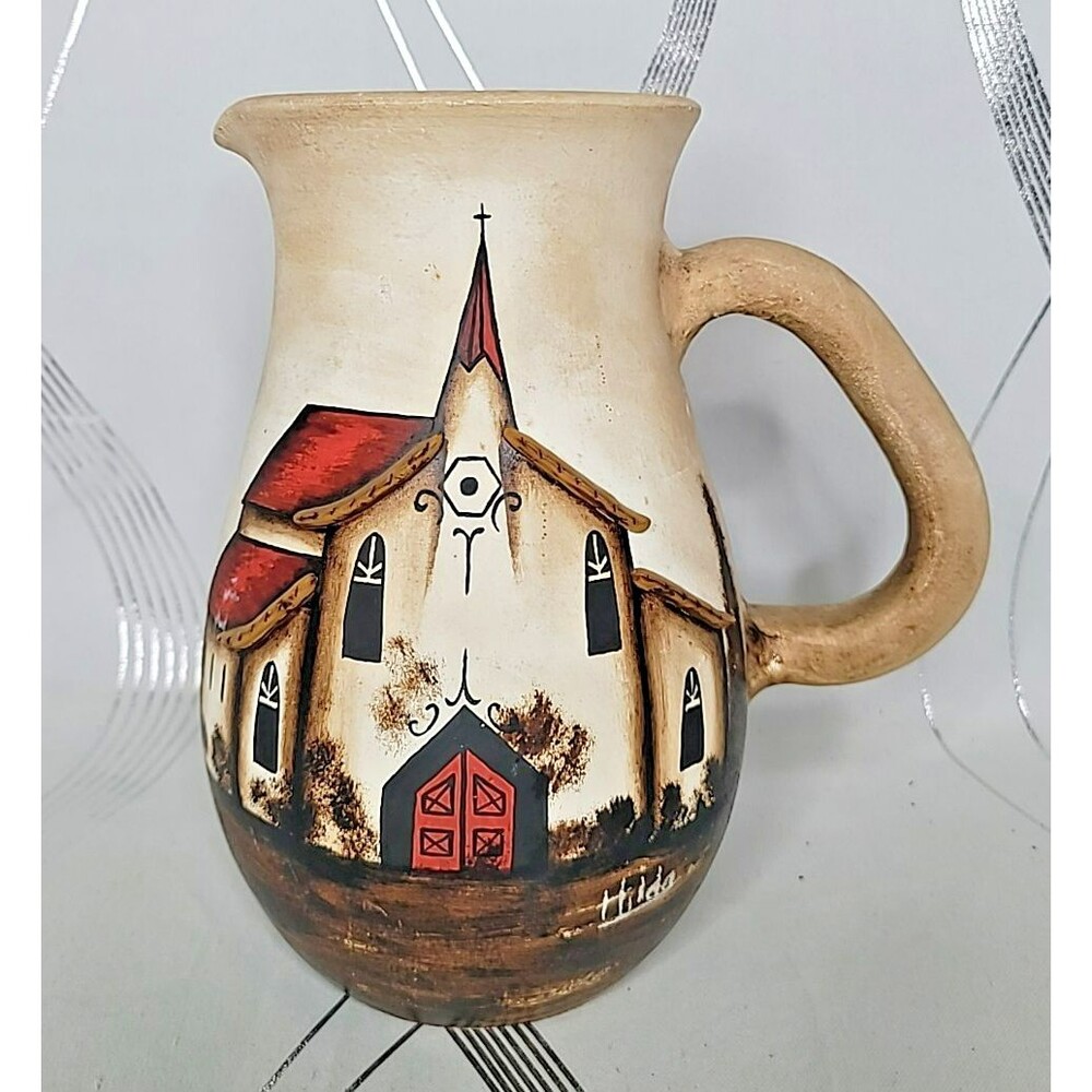 Hilda Artisan Ceramic Stoneware Serveware Pitcher Religious Church Landscape‎